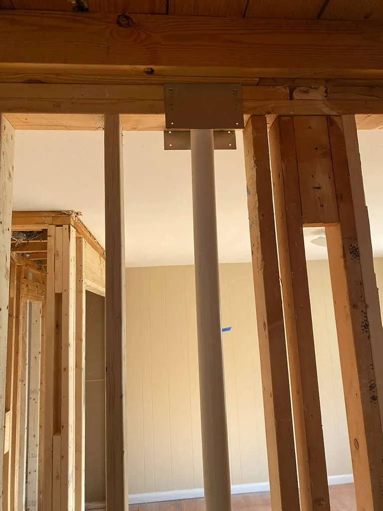 Wall framing and a support column during a remodel